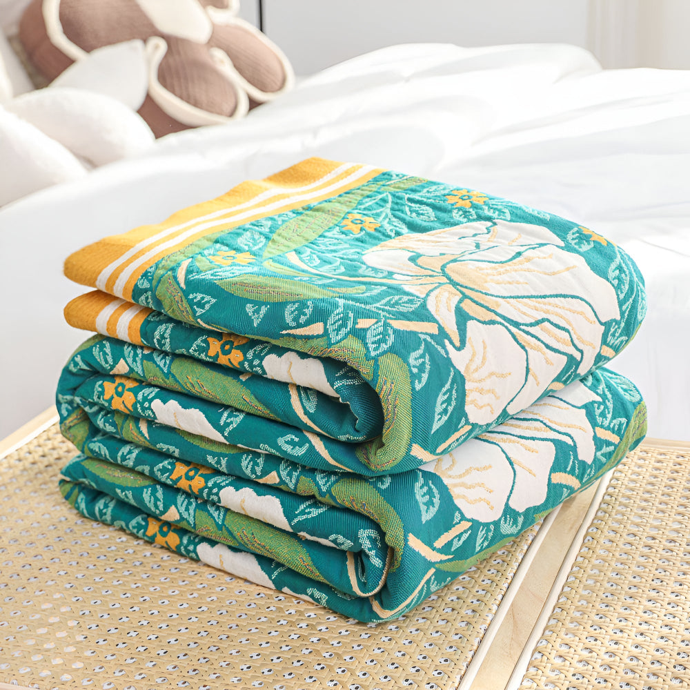 Green Botanical Cotton Throw Blanket