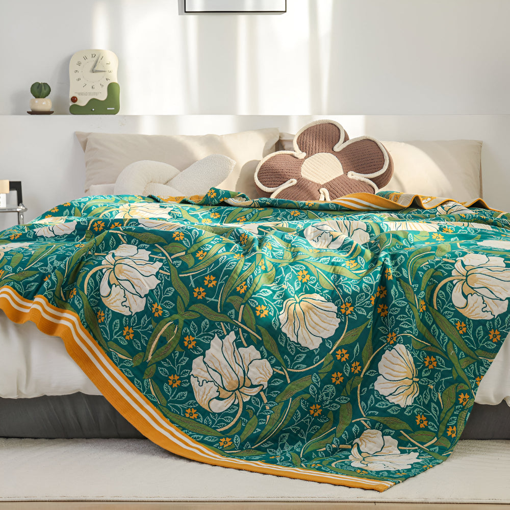 Green Botanical Cotton Throw Blanket