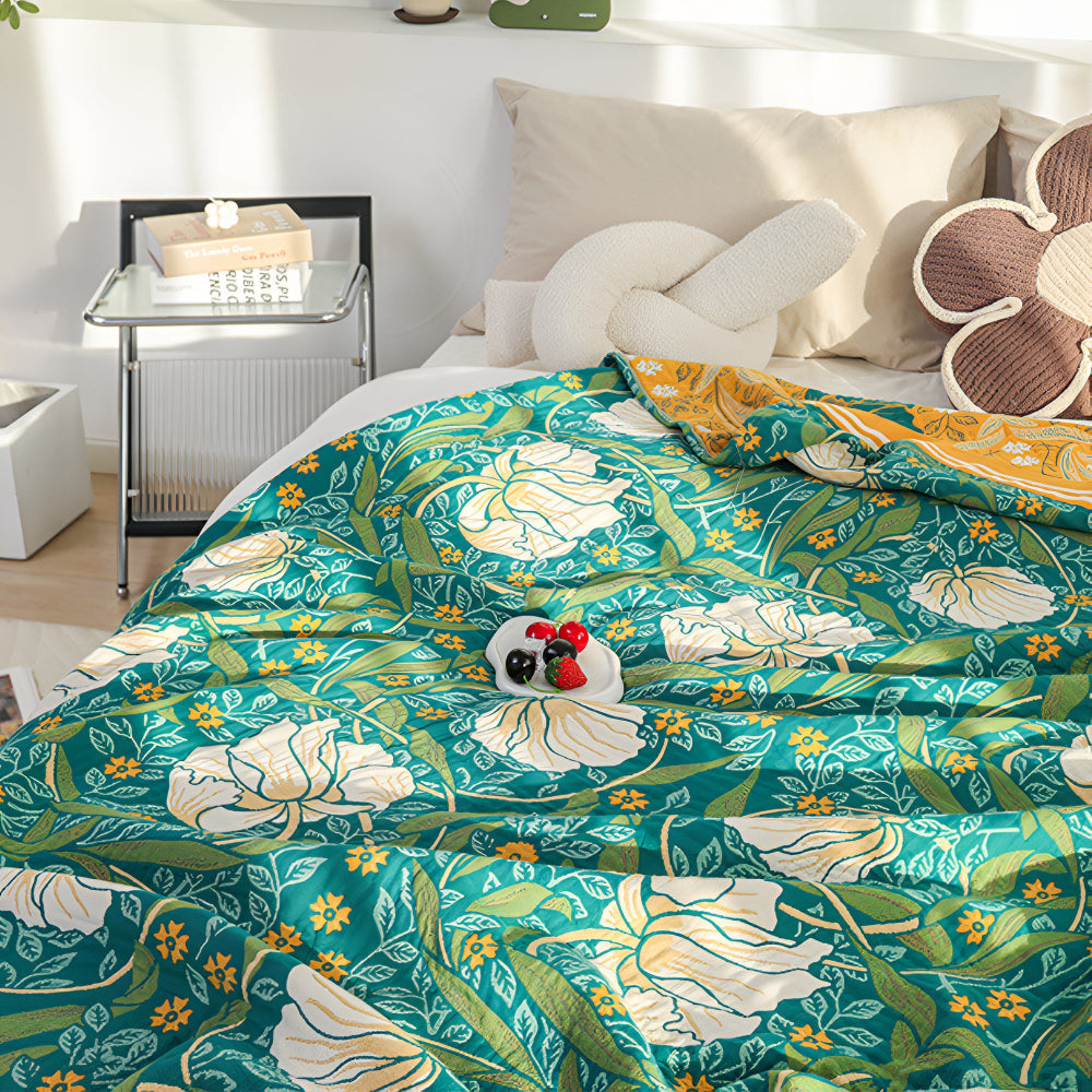 Green Botanical Cotton Throw Blanket