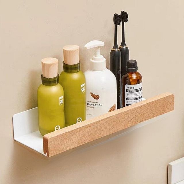 Solid wood bathroom organizer shelf without drilling