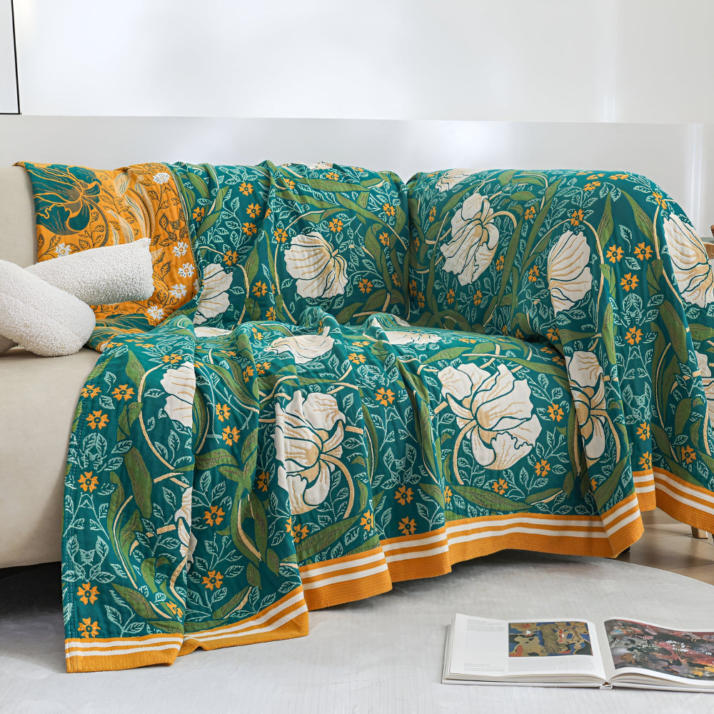 Green Botanical Cotton Throw Blanket