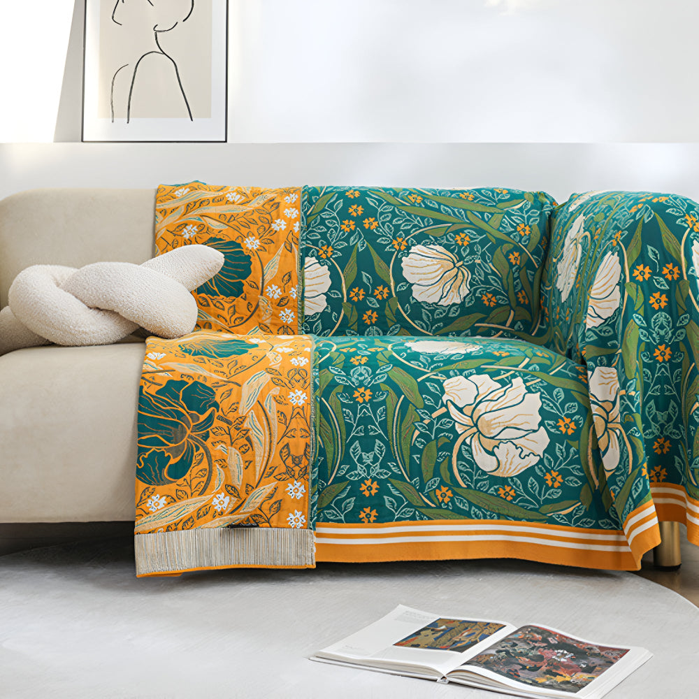 Green Botanical Cotton Throw Blanket