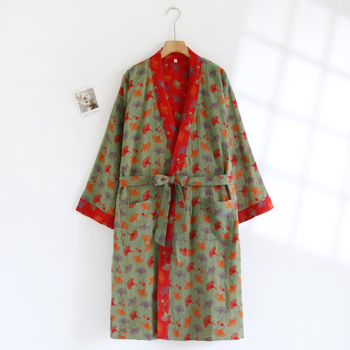 Cotton Bathrobe with Ginkgo Leaf Print, Soft and Breathable Robe