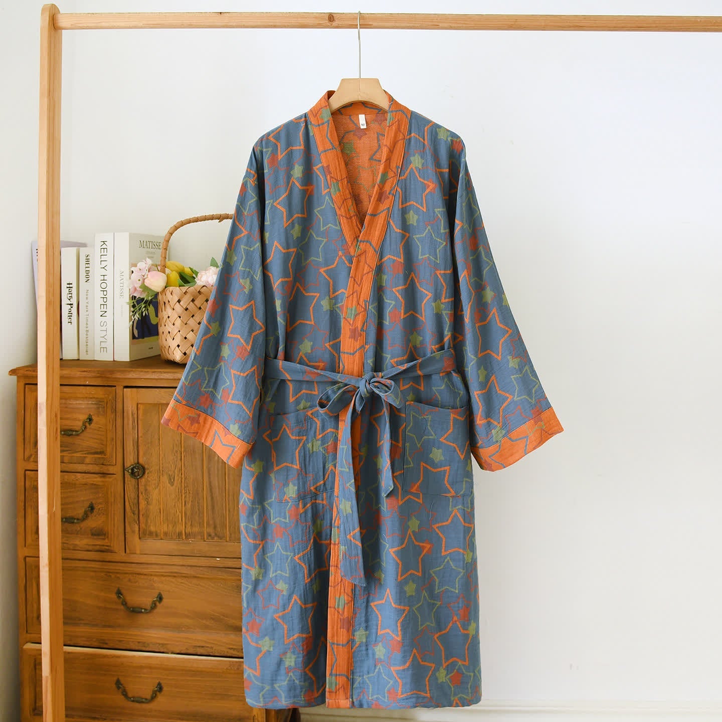 Cotton Bathrobe with Star Jacquard Pattern, Lightweight and Cozy