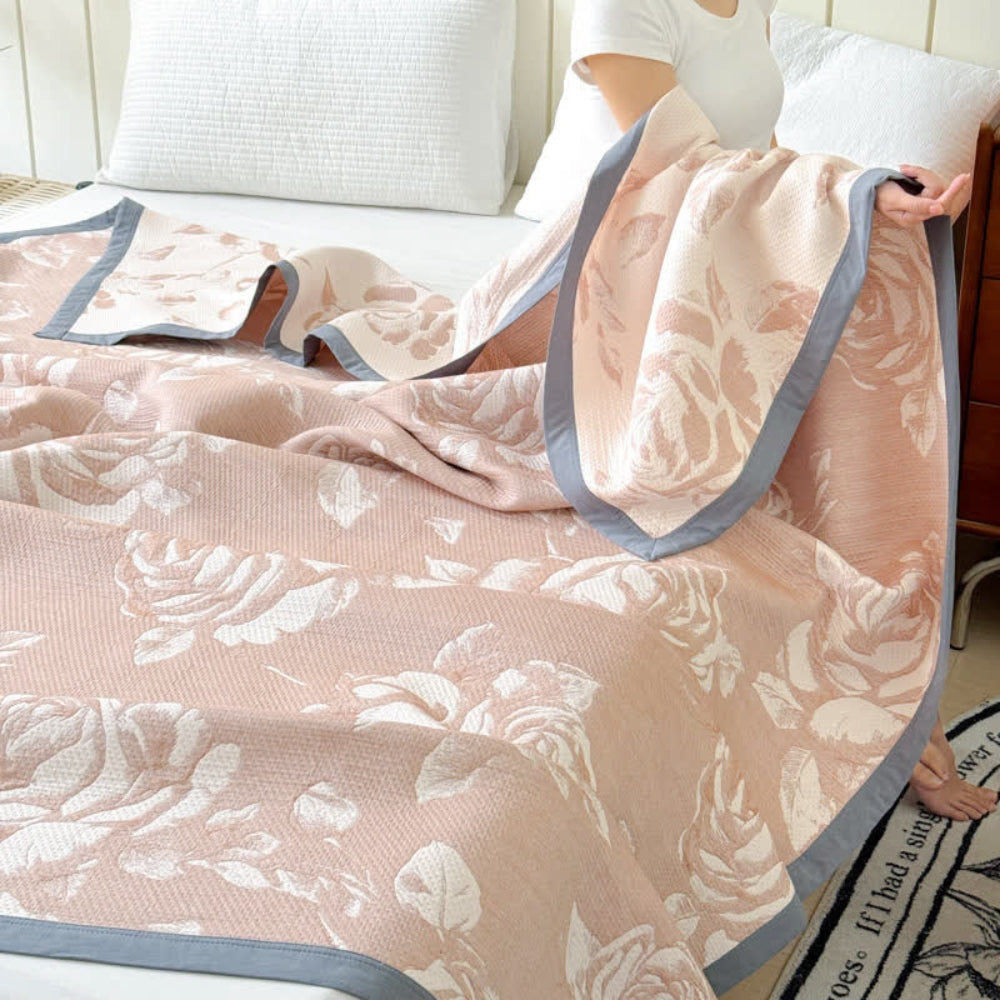 Cotton Blanket with Delicate Rose Pattern, Soft and Breathable