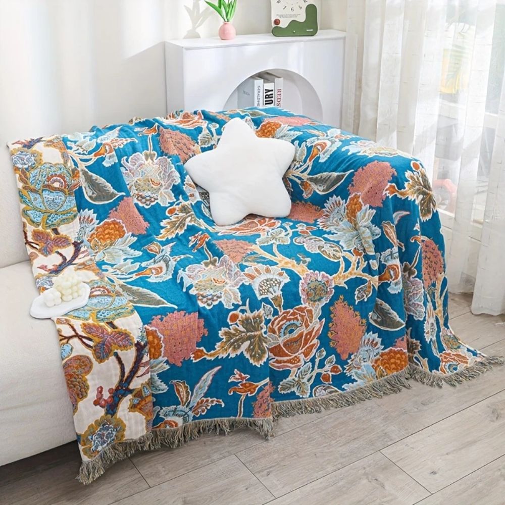 Cotton Blanket with Floral Design, Lightweight, All-Season Use