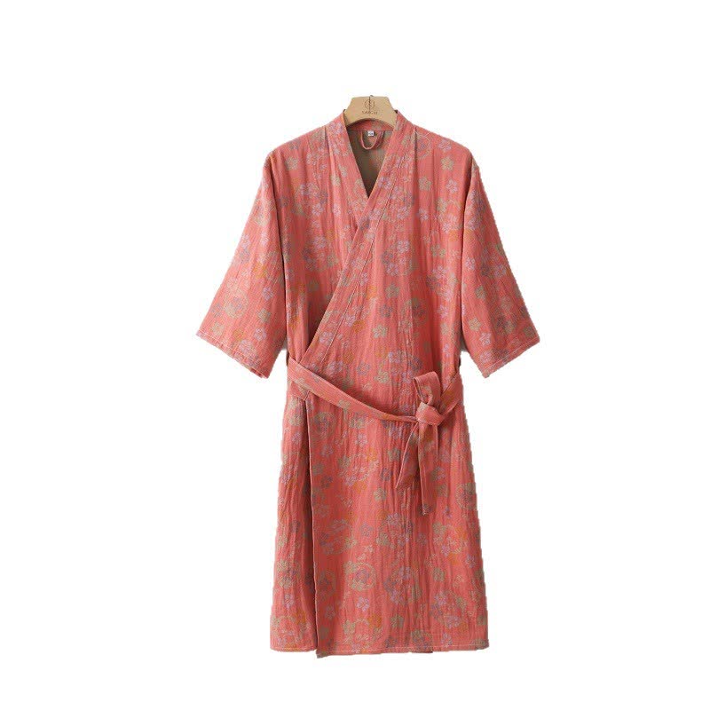 Cotton Floral Jacquard Bathrobe, Lightweight Double-layer Design