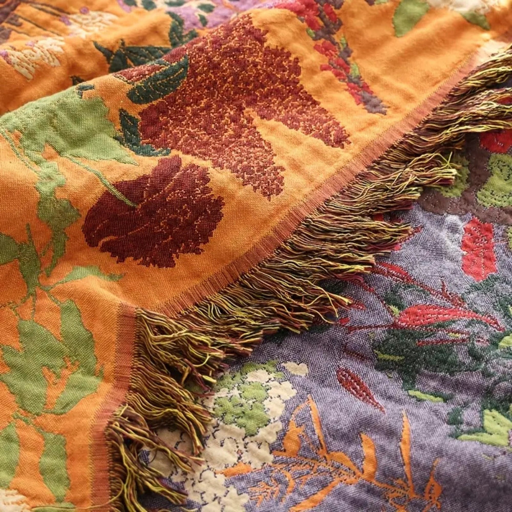 Cotton Tassel Blanket, Floral Jacquard Design, Lightweight, Reversible
