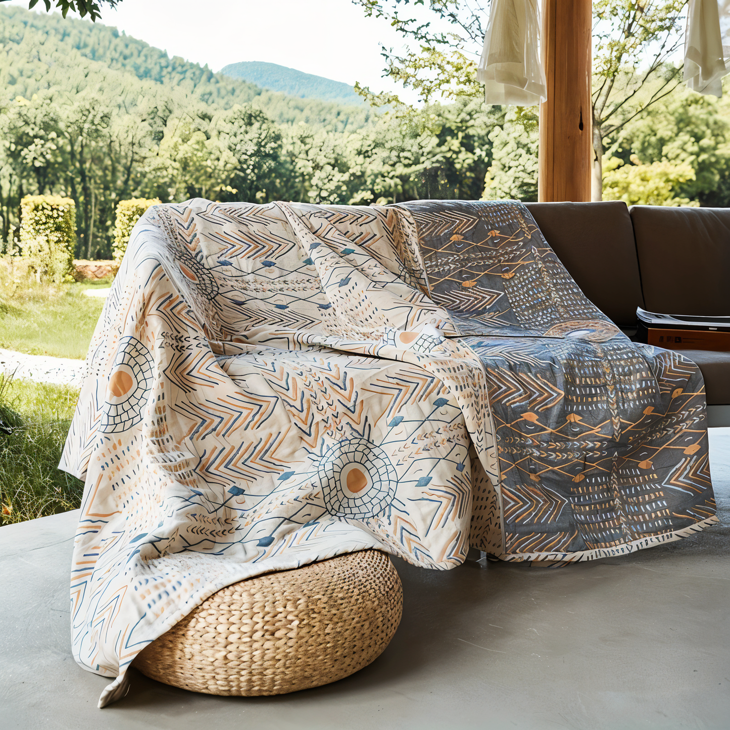Reversible cotton sofa blanket with twill fleece