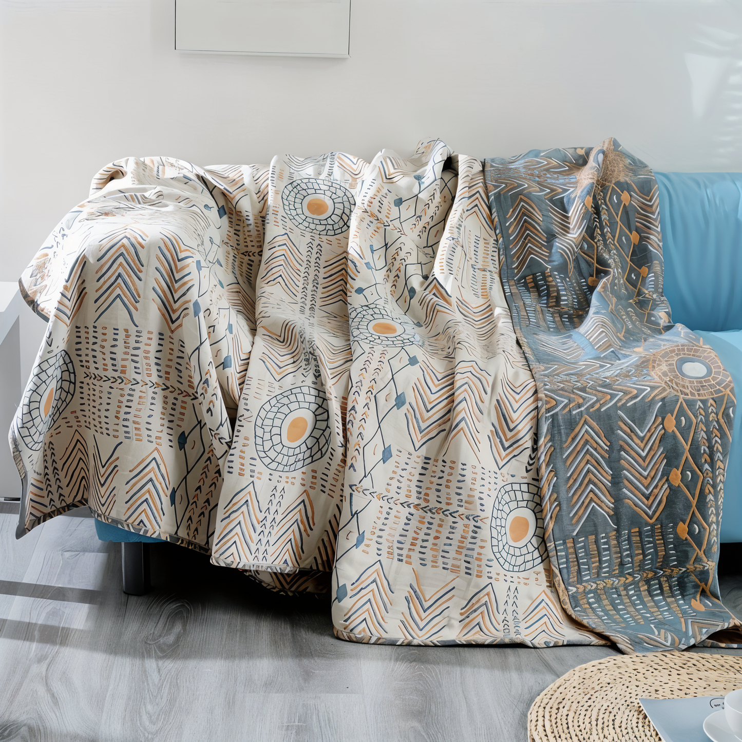 Reversible cotton sofa blanket with twill fleece