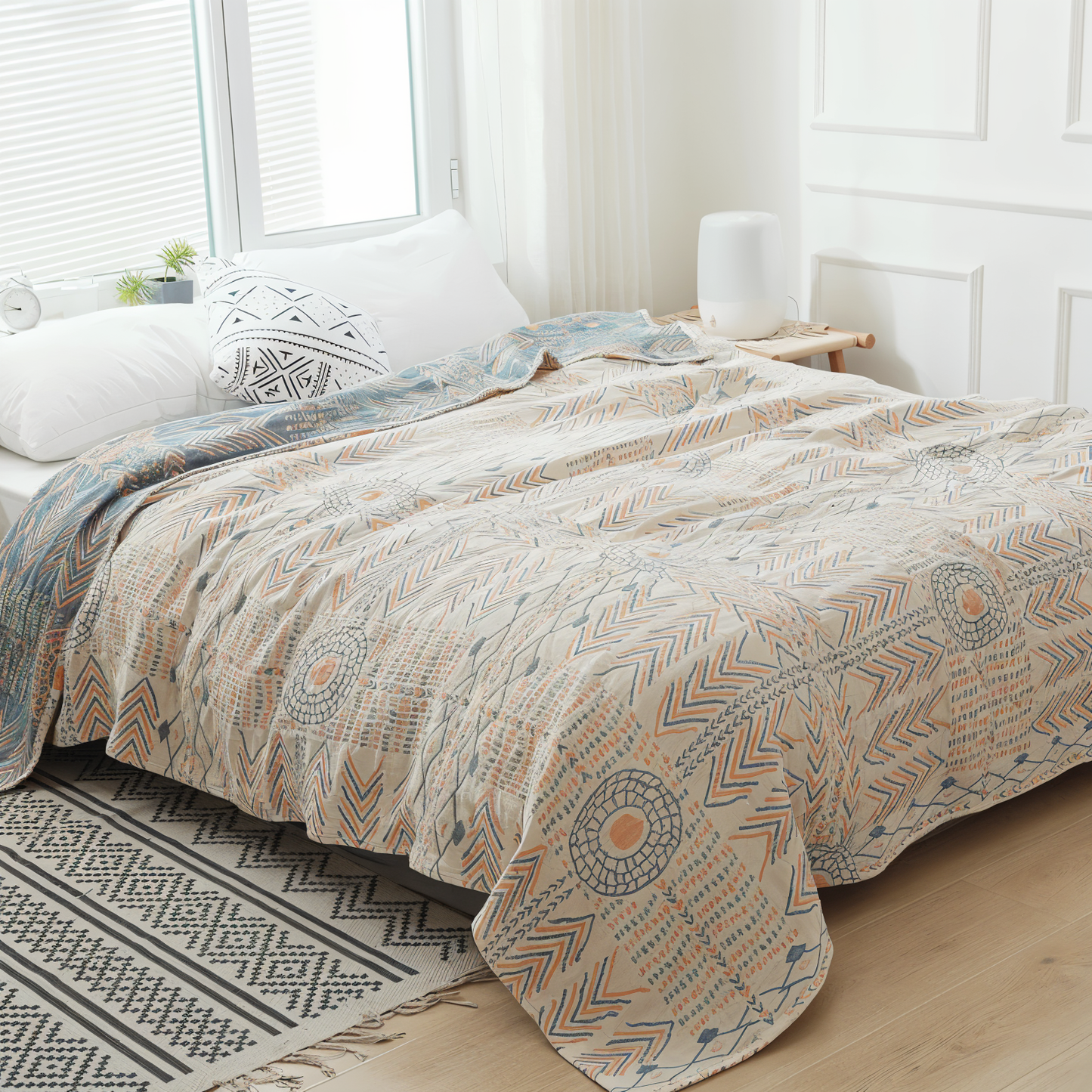 Reversible cotton sofa blanket with twill fleece
