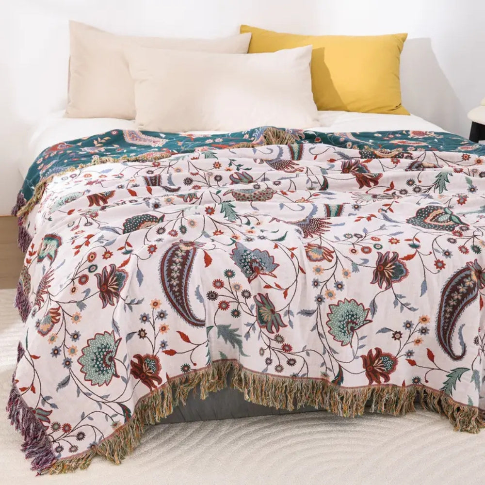 Reversible Soft Blanket, 100% Cotton, Floral Pattern, All-Season