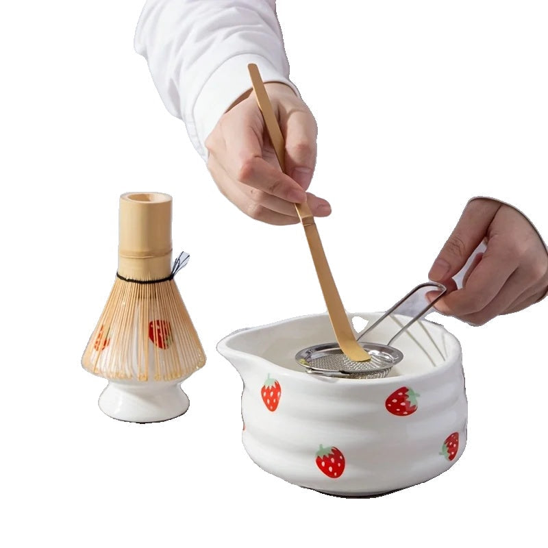 Japanese Matcha Bowl Set Strawberry Design Size One High-Quality Ceramic-2
