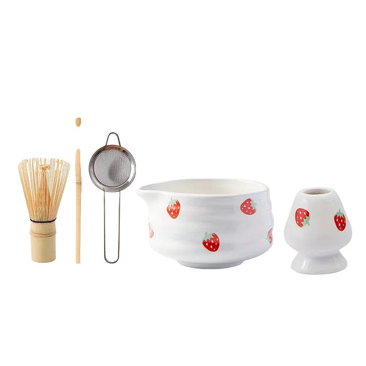 Japanese Matcha Bowl Set Strawberry Design Size One High-Quality Ceramic-1