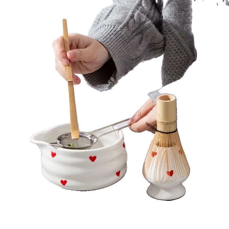 Heart-Shaped Matcha Bowl Set with Whisk Ceramic Size M for Green Tea Preparation-2