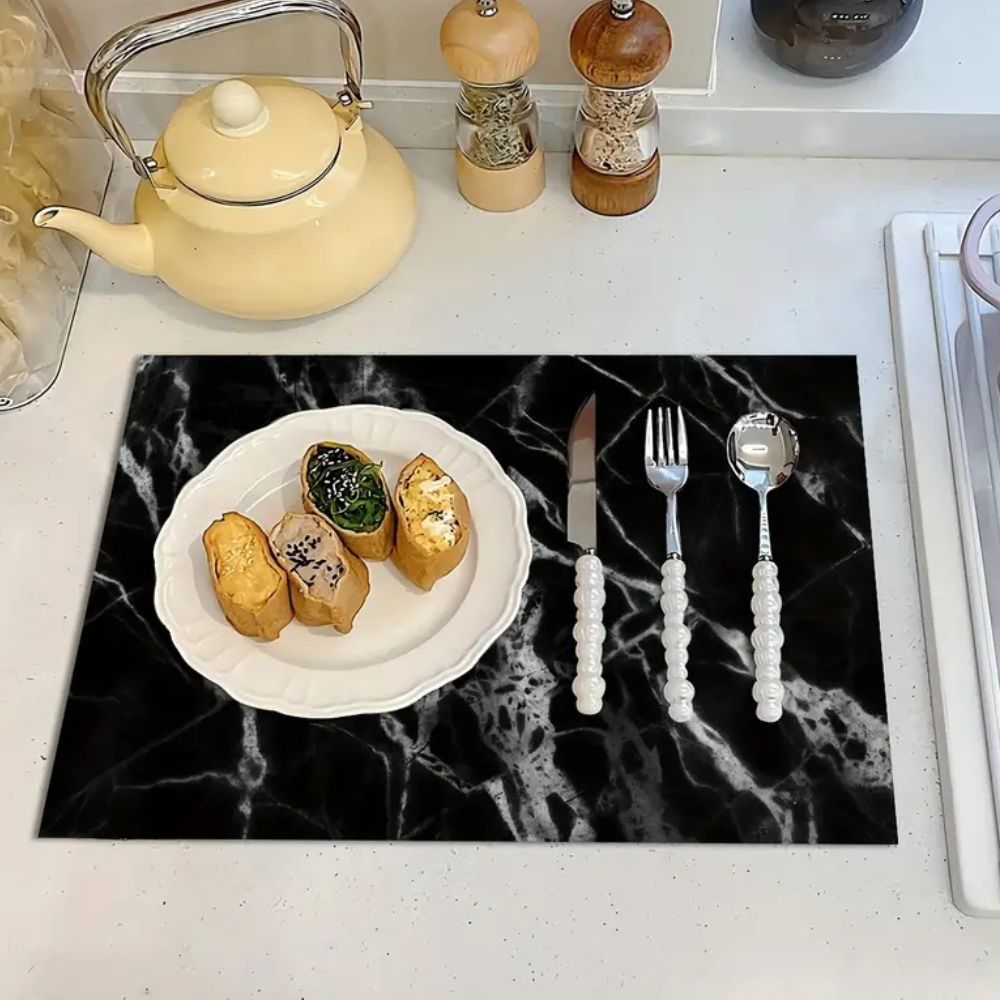 Black and White Marble Print Dish Drying Mat – Absorbent, Heat-Resistant, Slip-Resistant Kitchen Drying Mat-2