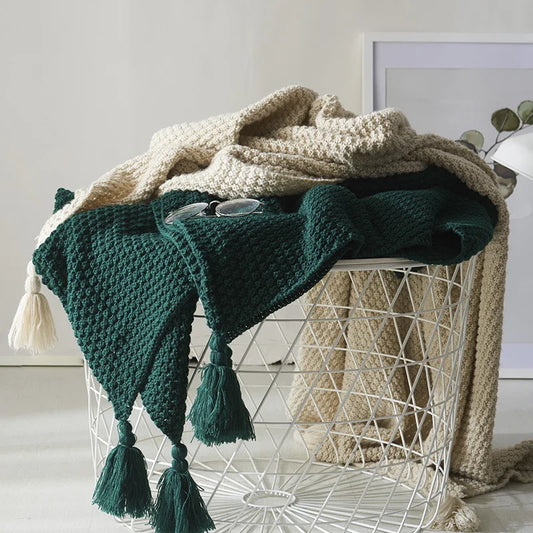 Nordic cozy wool blanket with tassels