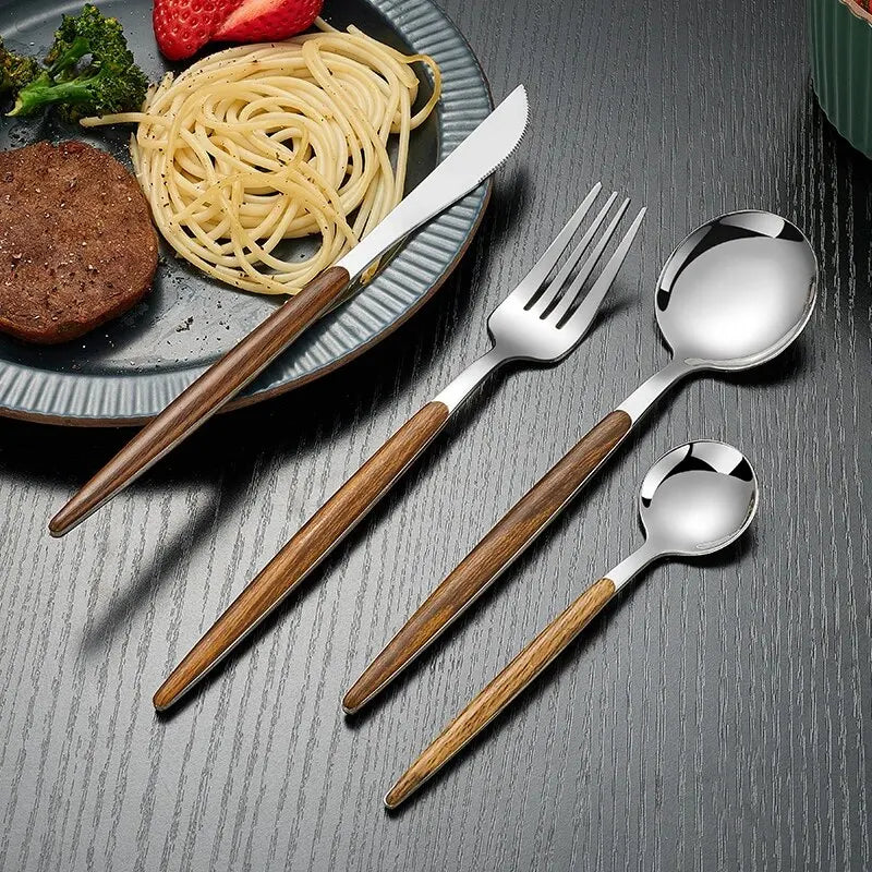 50% off - WoodGleam - Elegant 4-piece stainless steel cutlery set with imitation wood handle - Limited discount