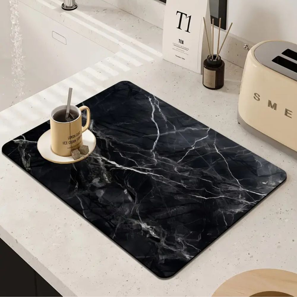 Variant image for Black and White Marble Print Dish Drying Mat – Absorbent, Heat-Resistant, Slip-Resistant Kitchen Drying Mat-3