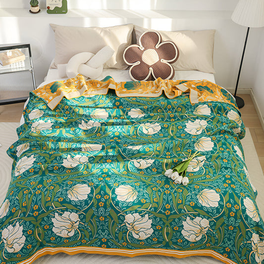 Green Botanical Cotton Throw Blanket