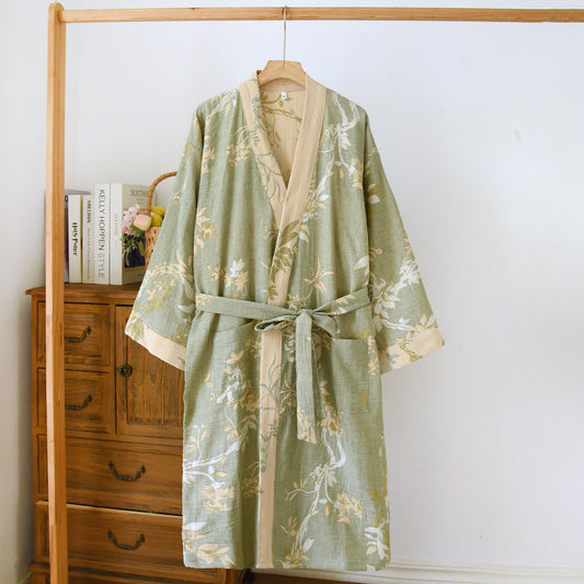Cotton Bathrobe with Double-layer Gauze and Jacquard Design