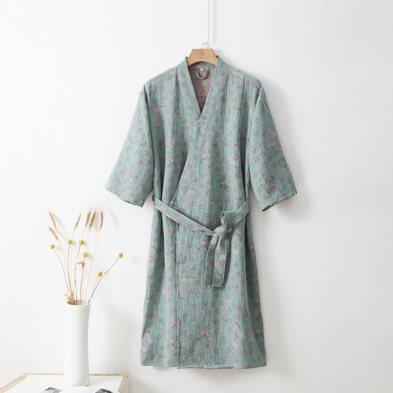 Cotton Bathrobe with Floral Butterfly Jacquard Design, Lightweight