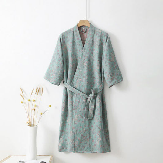 Cotton Bathrobe with Floral Butterfly Jacquard Design, Lightweight