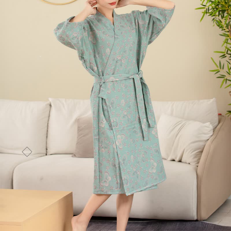 Cotton Bathrobe with Floral Butterfly Jacquard Design, Lightweight