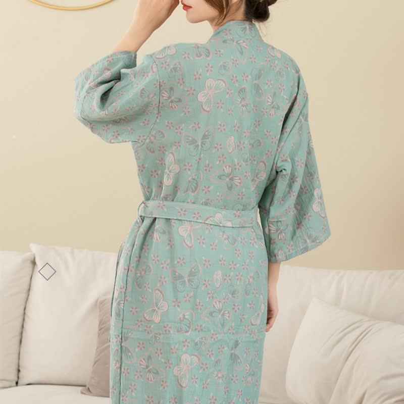 Cotton Bathrobe with Floral Butterfly Jacquard Design, Lightweight