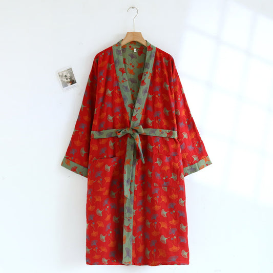 Cotton Bathrobe with Ginkgo Leaf Print, Soft and Breathable Robe