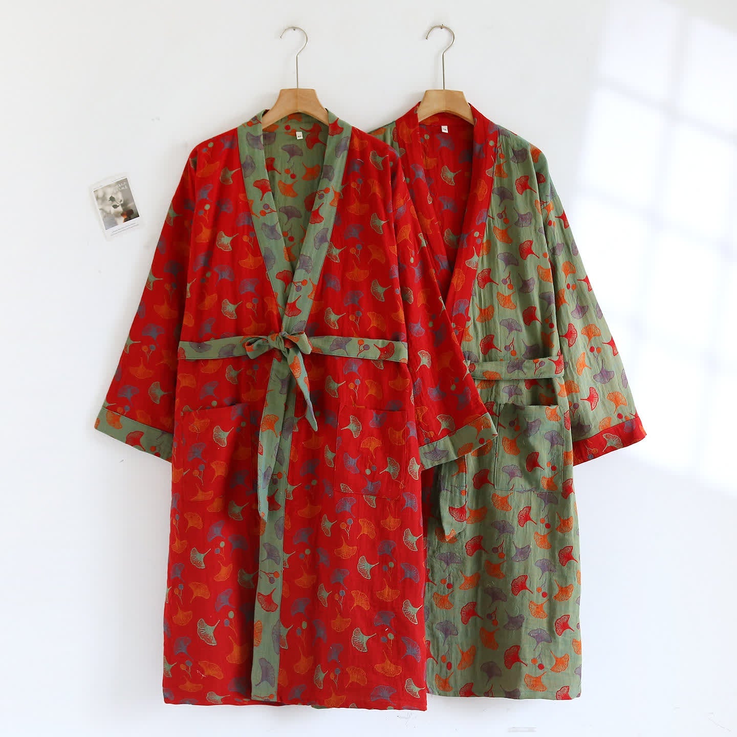 Cotton Bathrobe with Ginkgo Leaf Print, Soft and Breathable Robe
