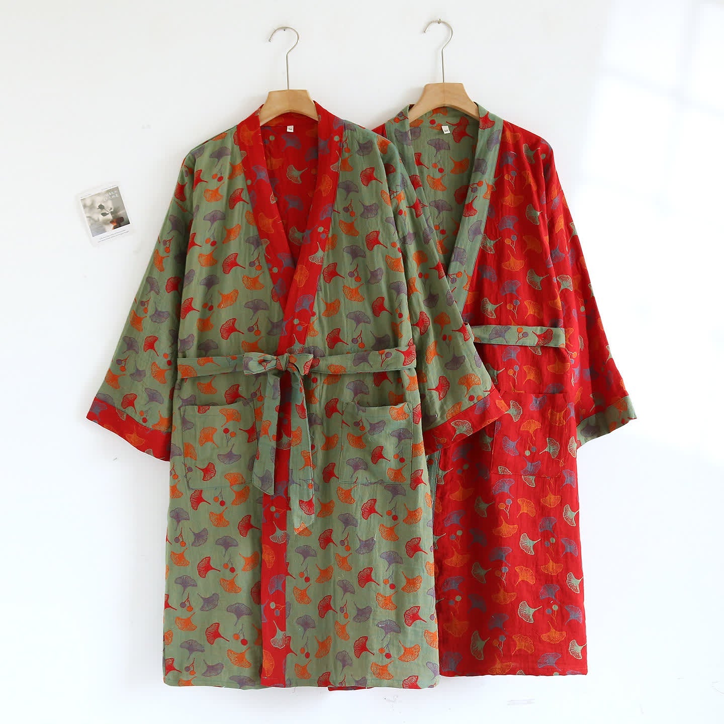 Cotton Bathrobe with Ginkgo Leaf Print, Soft and Breathable Robe