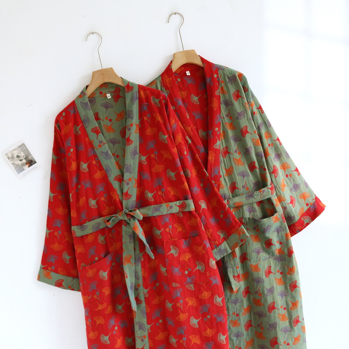 Cotton Bathrobe with Ginkgo Leaf Print, Soft and Breathable Robe