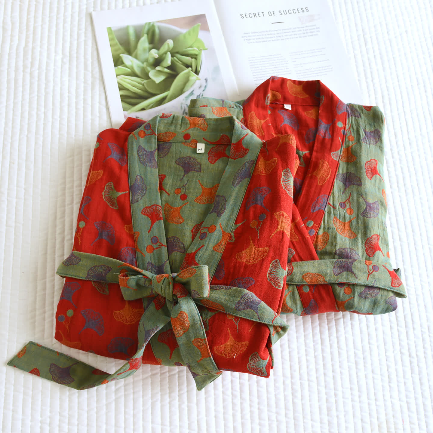 Cotton Bathrobe with Ginkgo Leaf Print, Soft and Breathable Robe