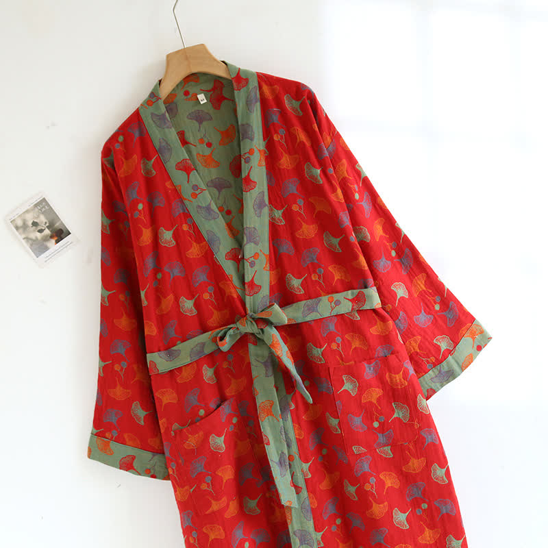 Cotton Bathrobe with Ginkgo Leaf Print, Soft and Breathable Robe