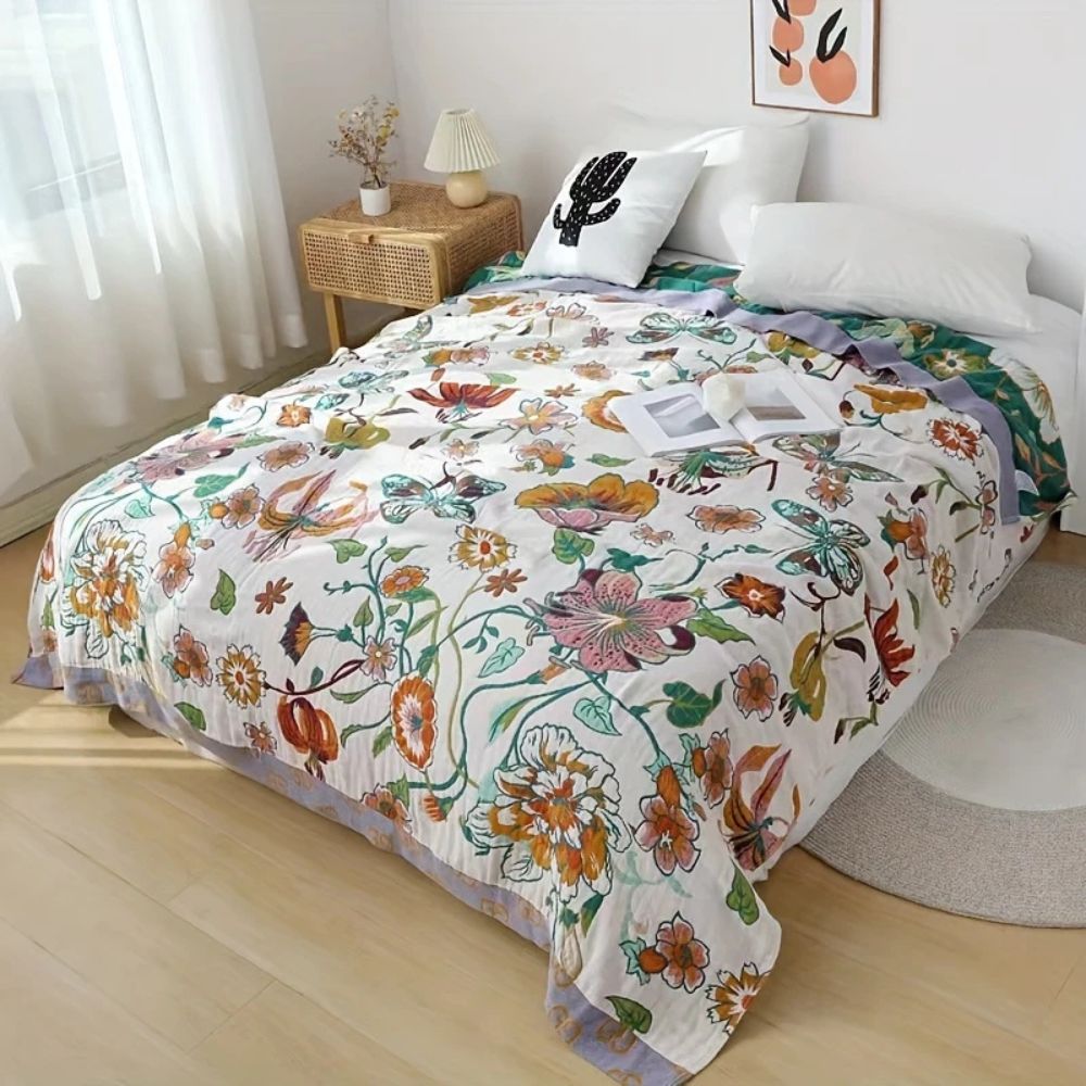 Cotton Blanket - Lightweight, Botanical Design for Home Decor