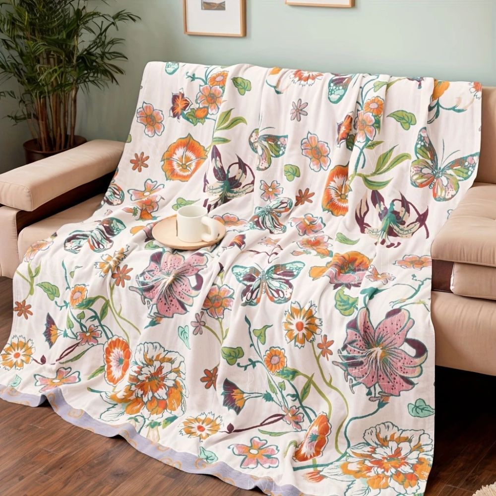 Cotton Blanket - Lightweight, Botanical Design for Home Decor