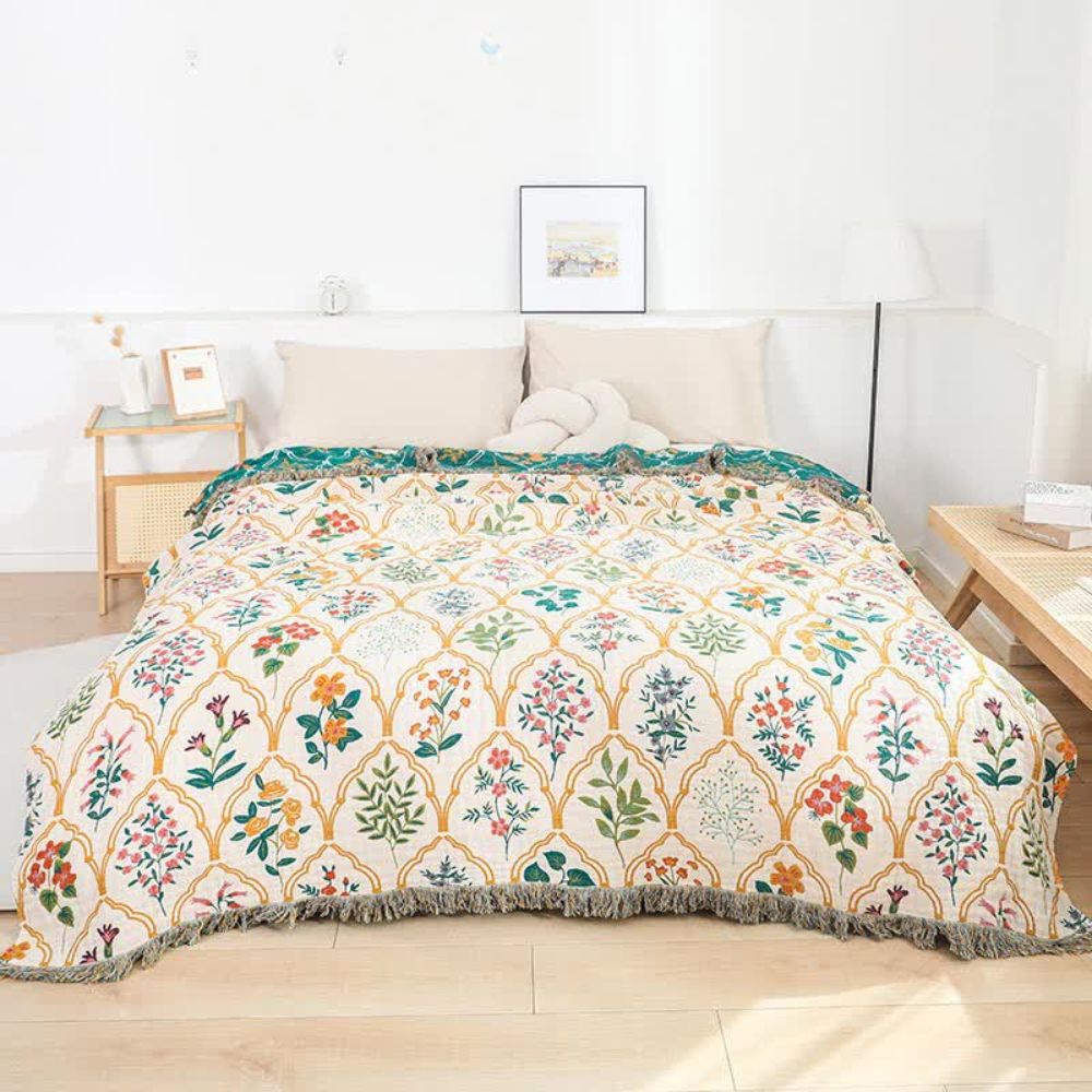 Cotton Blanket, Reversible Floral Pattern, Lightweight