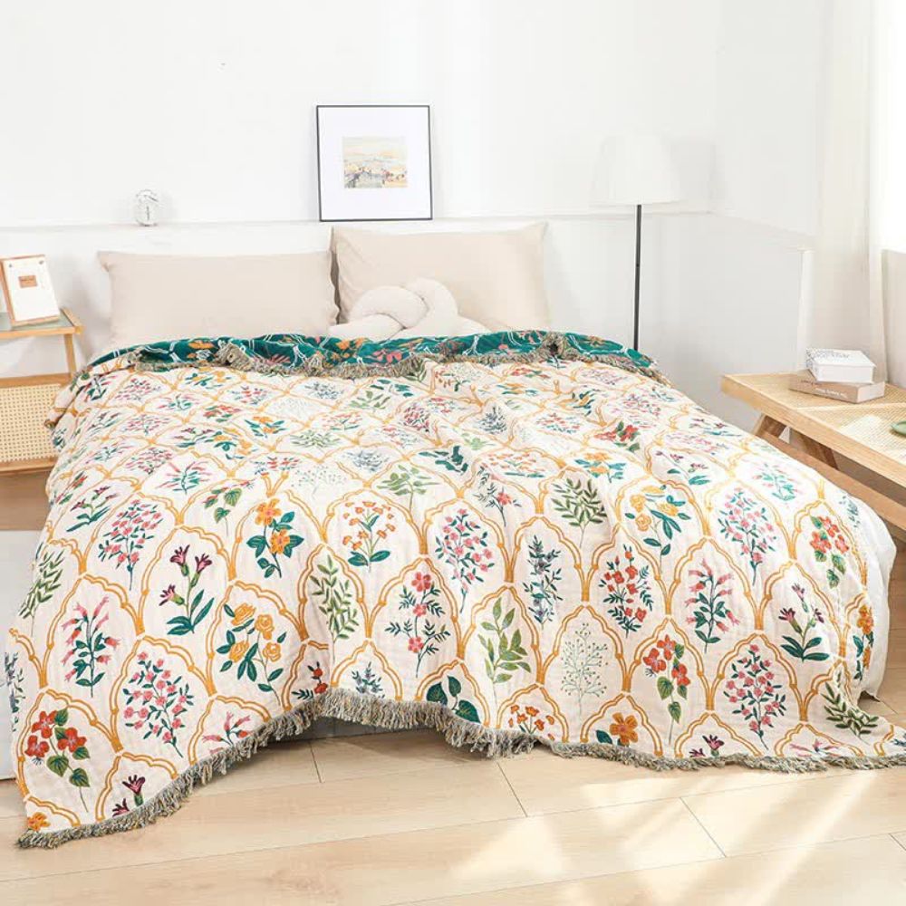 Cotton Blanket, Reversible Floral Pattern, Lightweight