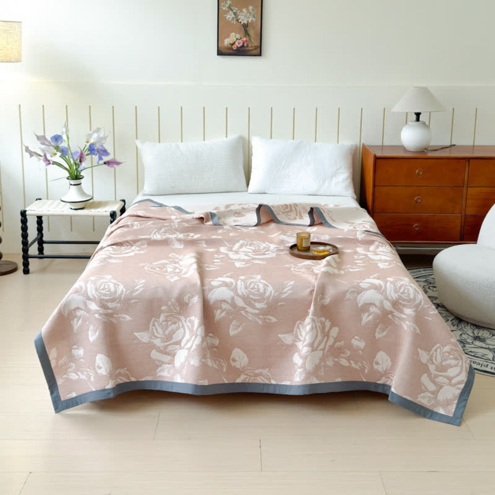 Cotton Blanket with Delicate Rose Pattern, Soft and Breathable