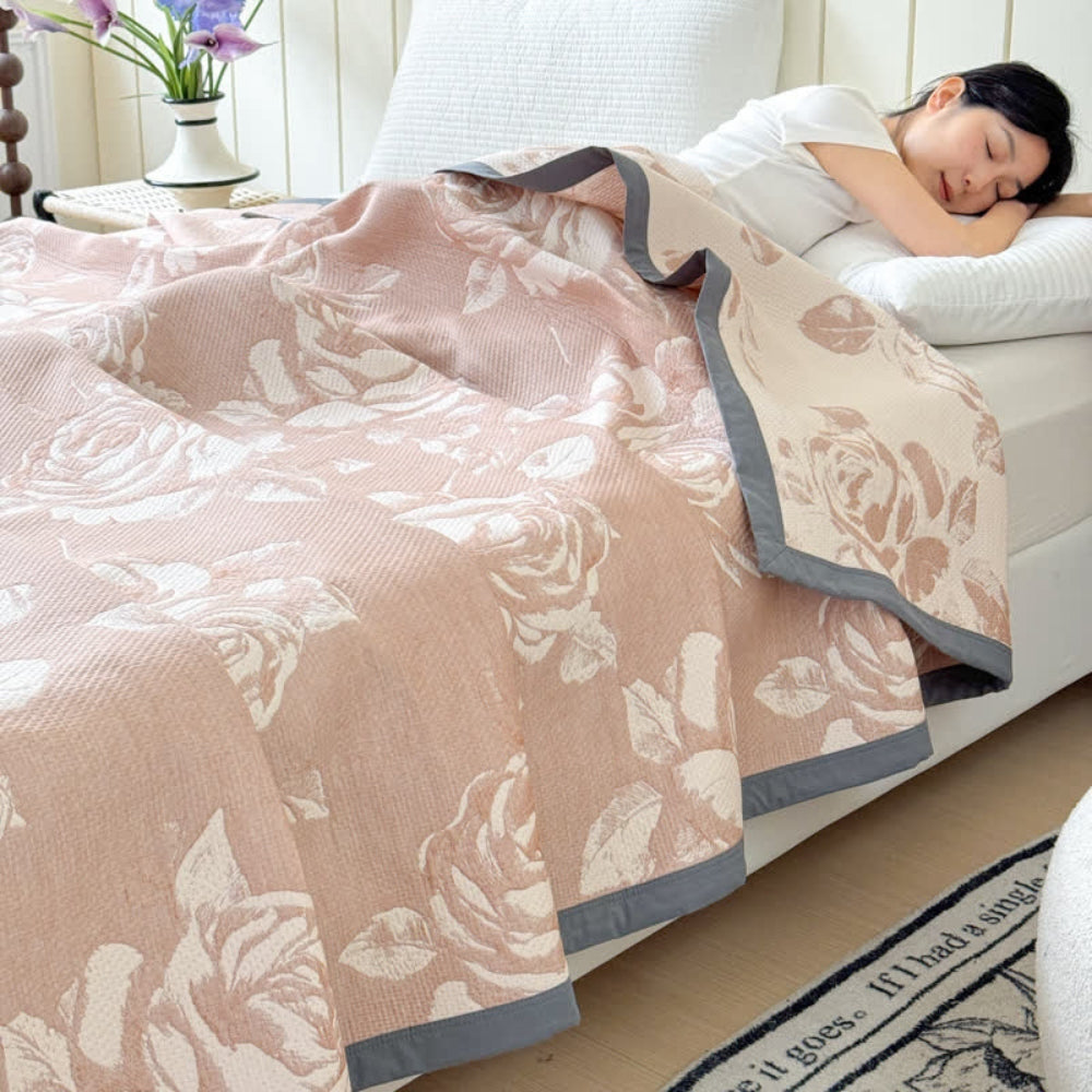 Cotton Blanket with Delicate Rose Pattern, Soft and Breathable