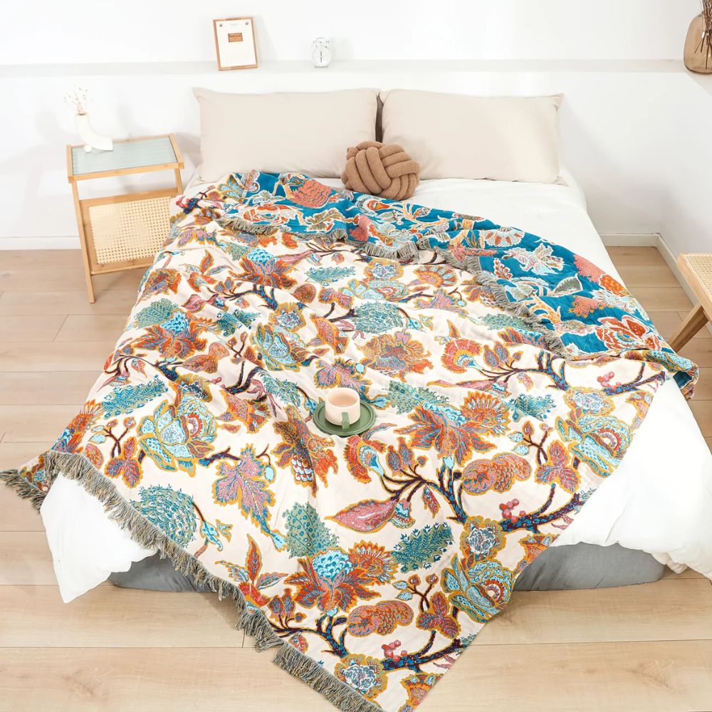 Cotton Blanket with Floral Design, Lightweight, All-Season Use
