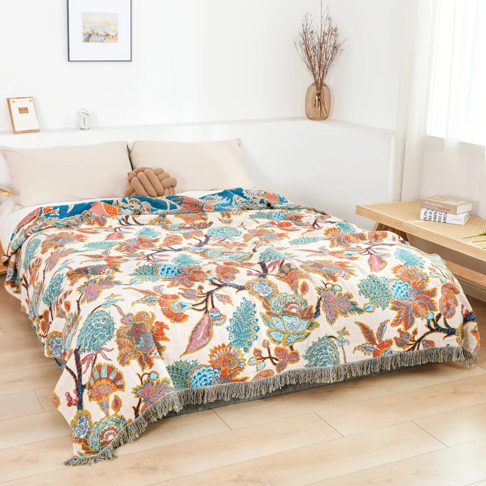 Cotton Blanket with Floral Design, Lightweight, All-Season Use