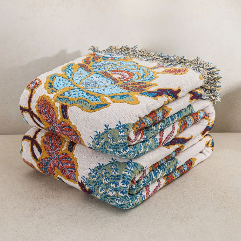 Cotton Blanket with Floral Design, Lightweight, All-Season Use