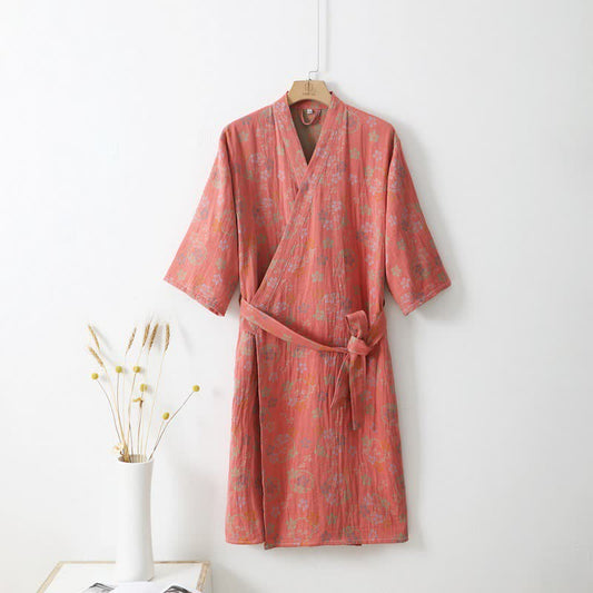 Cotton Floral Jacquard Bathrobe, Lightweight Double-layer Design