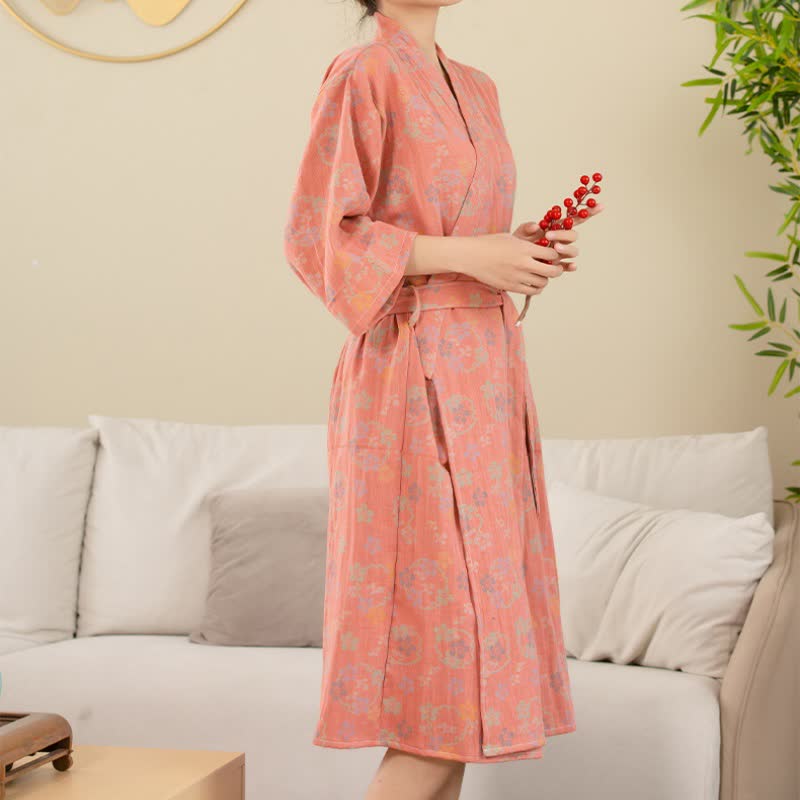 Cotton Floral Jacquard Bathrobe, Lightweight Double-layer Design