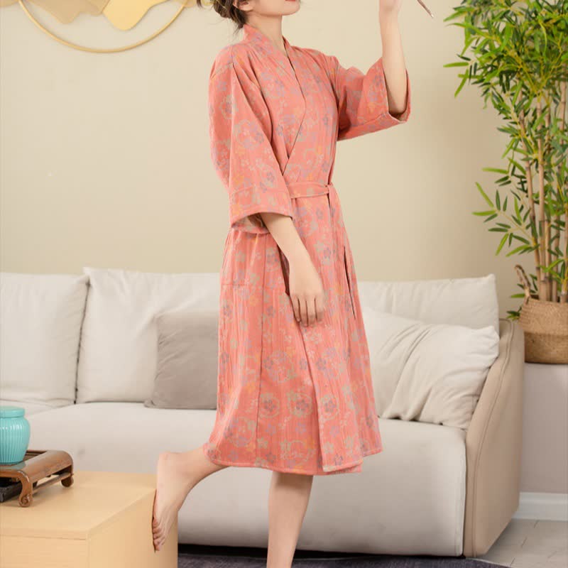 Cotton Floral Jacquard Bathrobe, Lightweight Double-layer Design