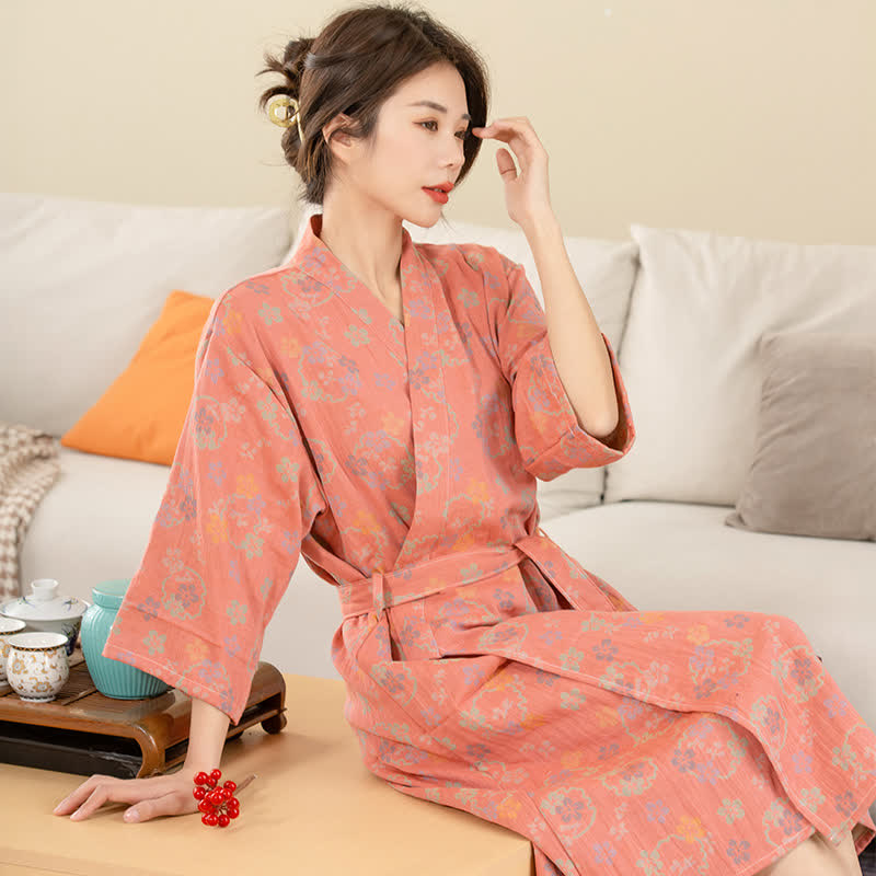 Cotton Floral Jacquard Bathrobe, Lightweight Double-layer Design