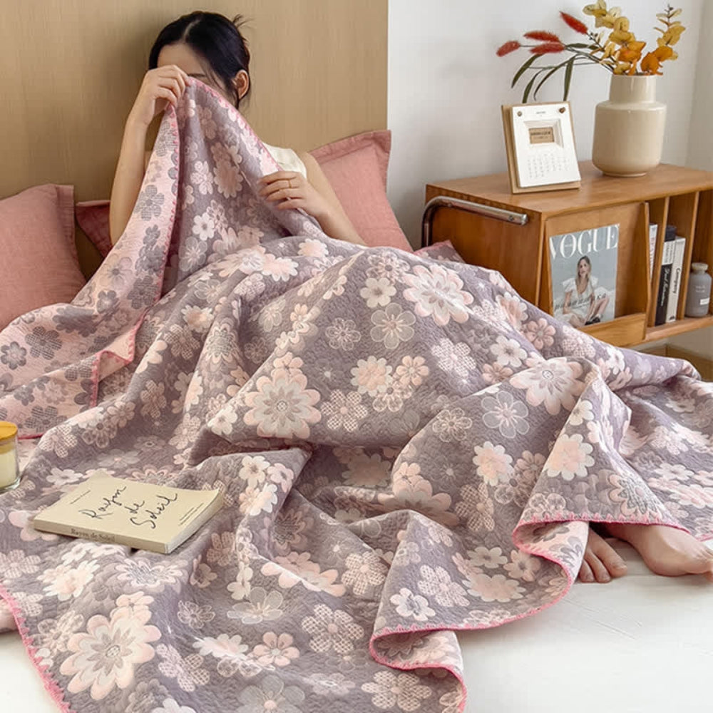 Cotton Gauze Blanket, Reversible Floral Design, Lightweight
