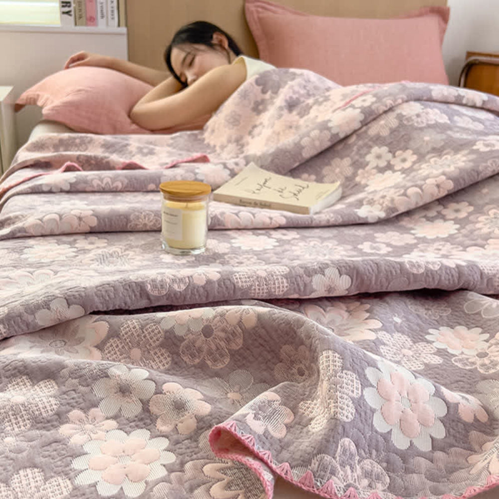 Cotton Gauze Blanket, Reversible Floral Design, Lightweight